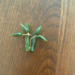 Vintage Faux Jade Bamboo Brooch Lucite Asian Pin Gold Toned  Retro